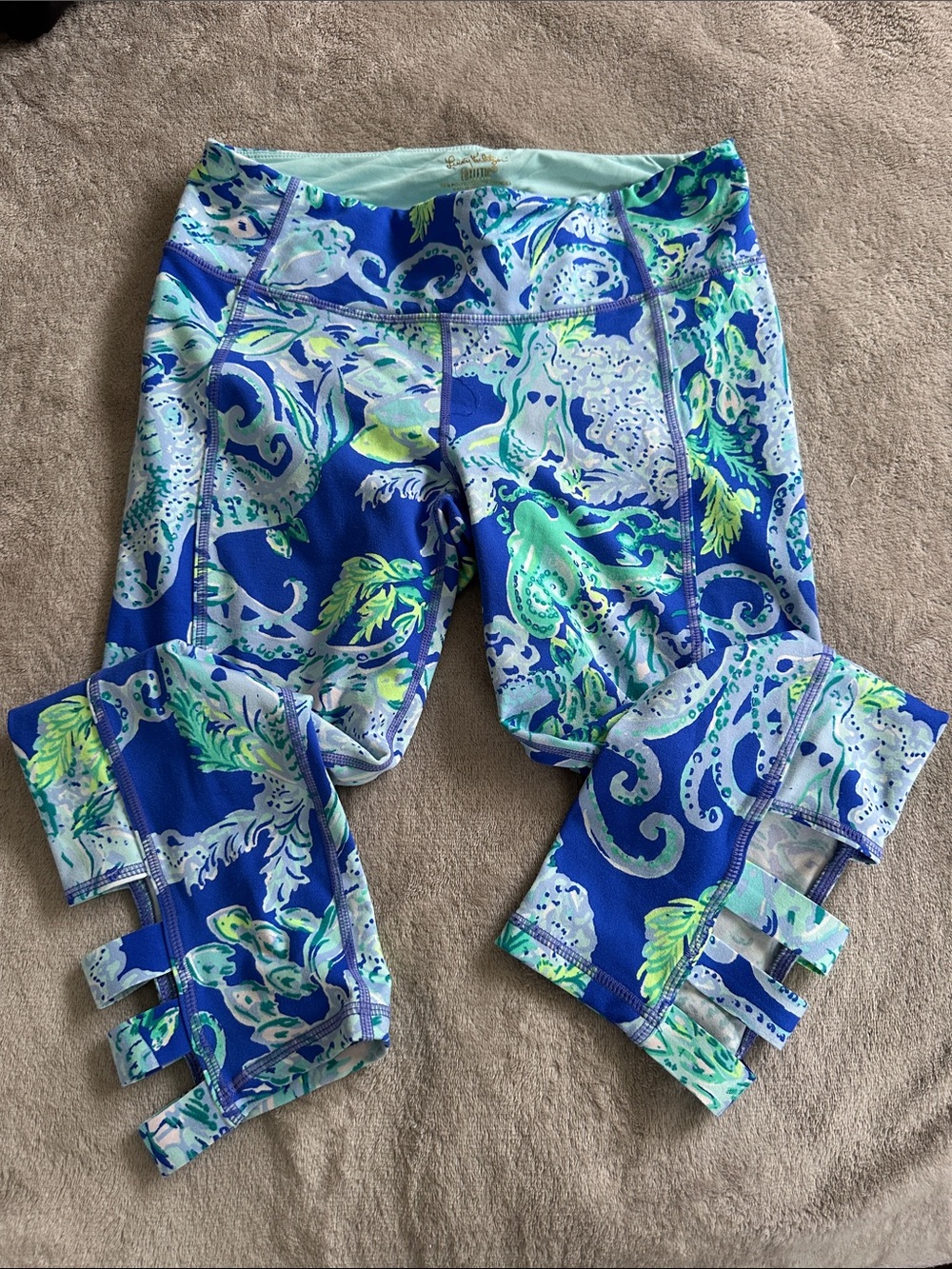 Womens Blue & Aqua Leggings - Printed Capri
